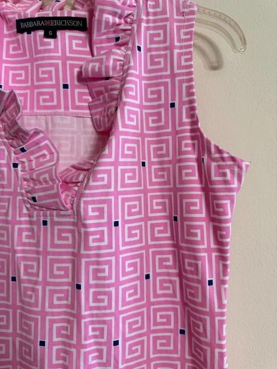 Barbara Erickson Womens S Ruffle V Neck Sleeveless Pink Blue Dress Resort Beach - Picture 2 of 4